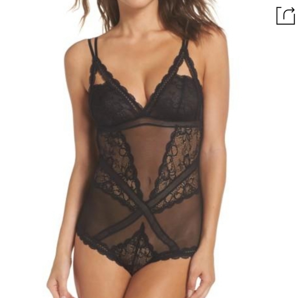 Sam Edelman Mixed Lace Cutout Mesh Black Bodysuit Medium